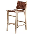 Handcrafted Wooden Frame Bar Stool With Woven Leather Seat And Backrest
