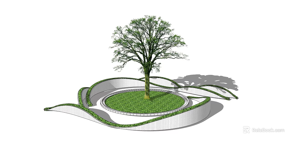 Circular Tree Pit Design With Central Tree Green Lawn And Wavy White Border 3d model
