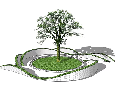 Circular Tree Pit Design With Central Tree Green Lawn And Wavy White Border 3d model