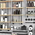 Bathroom Accessories Organized On Wooden Shelves With Bottles Towel And Toilet Paper Rolls