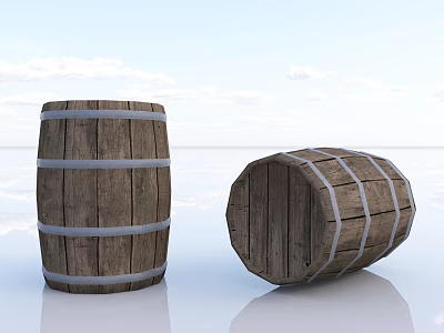 Standing And Fallen Wooden Barrels Against Blue Sky With White Clouds On Smooth Reflective Surface 3d model