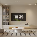 Modern Living Dining Room Interior With Black Leather Sofa Round Coffee Table And Geometric Rug