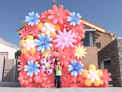 Vibrant Floral Art Installation With Pink Blue Yellow Flowers Outdoor Family Posing In Front 3d model