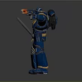 Blue Gold Armored Game Movie Character Standing With Glowing Blue Sword And Flamethrower On Base
