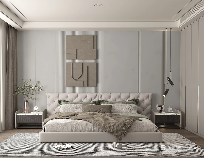Modern Bedroom Interior Design With Elegant Upholstered Headboard Gray Accent Wall And Decorative Artwork 3d model 