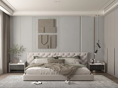 Modern Bedroom Interior Design With Elegant Upholstered Headboard Gray Accent Wall And Decorative Artwork 3d model
