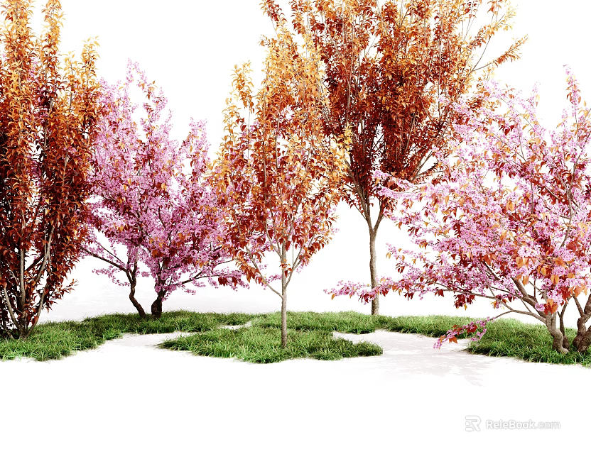 Vibrant Arbor Trees with Pink and Orange Foliage in Green Grass Area 3d model 