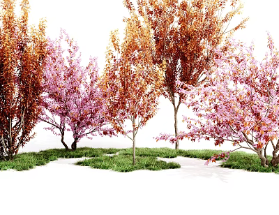 Vibrant Arbor Trees with Pink and Orange Foliage in Green Grass Area 3d model