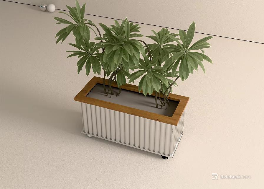 Indoor Green Plant In Decorative Planter With Wooden Border And White Stripes 3d model 