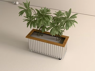 Indoor Green Plant In Decorative Planter With Wooden Border And White Stripes 3d model