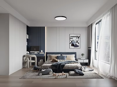 Kids Room Interior Design With Bed Desk Chair Poster Window Curtains And Soft Rug 3d model