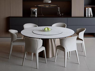 Modern Round Dining Table Set With Marble Top Rotating Tray And White Chairs 3d model