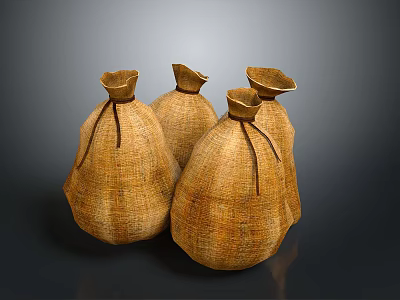 Five Textured Burlap Storage Sacks With Knotted Tops On Dark Background 3d model