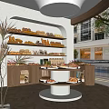 Pastry Shop Interior With Wooden Shelves Round Display Table Large Windows And Fresh Breads