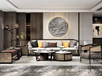 New Chinese Style Living Room Home Living Room Multi-person Sofa Coffee Table Wall Decoration Vase Leisure Chair Floor Lamp Single Sofa 3d model