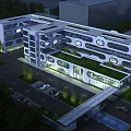 Modern Hospital Building Exterior At Night With Illumination Circular Windows Parking Lot And Green Plants