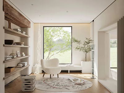 Cozy Study Room With Wooden Shelves White Armchair Round Rug Large Window And Green Trees 3d model