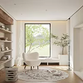 Cozy Study Room With Wooden Shelves White Armchair Round Rug Large Window And Green Trees