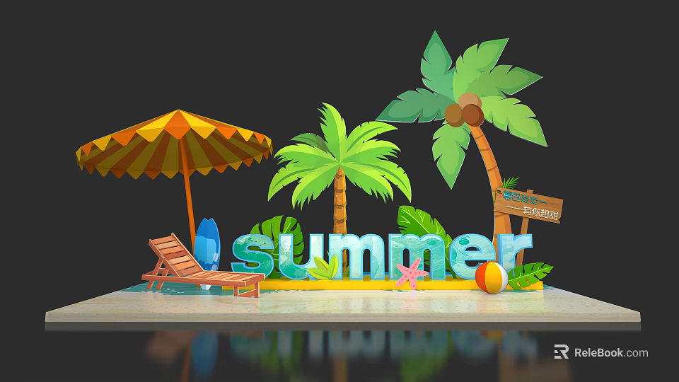 Vibrant Summer Beach Setup With Palm Trees Umbrella Chair Surfboard And Starfish 3d model 