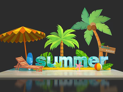 Vibrant Summer Beach Setup With Palm Trees Umbrella Chair Surfboard And Starfish 3d model