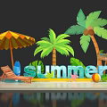Vibrant Summer Beach Setup With Palm Trees Umbrella Chair Surfboard And Starfish