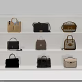 Various Stylish Bags Displayed On White Shelves With Different Colors And Designs