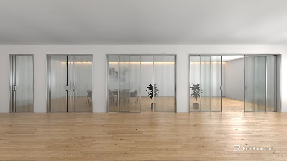 Glass Double Doors in Modern Interior With White Walls Wooden Floor and Plants 3d model 