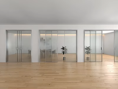 Glass Double Doors in Modern Interior With White Walls Wooden Floor and Plants 3d model