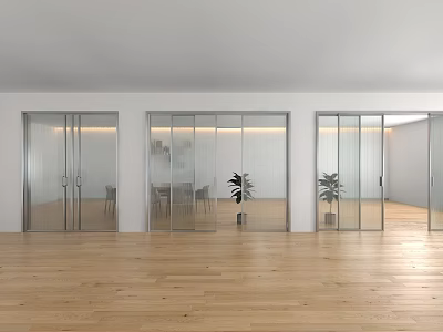 Glass Double Doors in Modern Interior With White Walls Wooden Floor and Plants 3d model