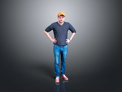 A Man With Hands On Hips In Yellow Cap Dark Blue V-neck T-shirt Blue Jeans 3d model