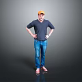 A Man With Hands On Hips In Yellow Cap Dark Blue V-neck T-shirt Blue Jeans
