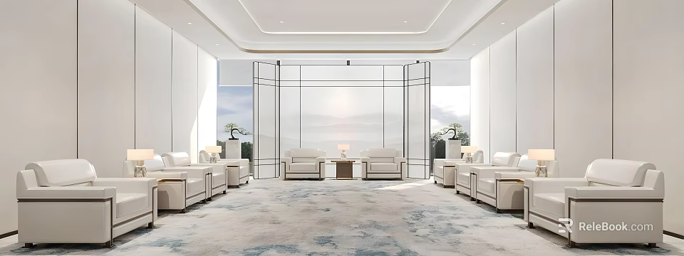 Modern Conference Room Interior With Glass Partitions Leather Sofas And Patterned Carpet 3d model 