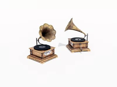 Two Vintage Brass Gramophones With Wooden Base And Black Turntable 3d model
