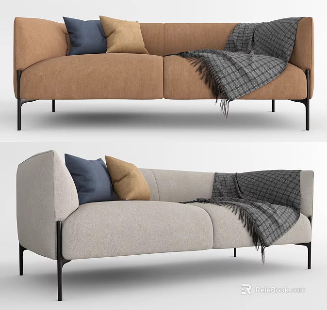 Brown and Gray Upholstered Two Seater Sofa with Soft Cushions and Plaid Blanket in Interior 3d model 
