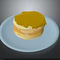 Stack of Fluffy Pancakes Topped with Yellow Sauce on Blue Plate