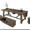 Rustic Wooden Tea Table And Chairs With Tea Set And Small Plant Decoration