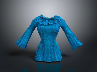 Elegant Blue Women's Blouse With Lace Trim And Bell Sleeves Design 3d model