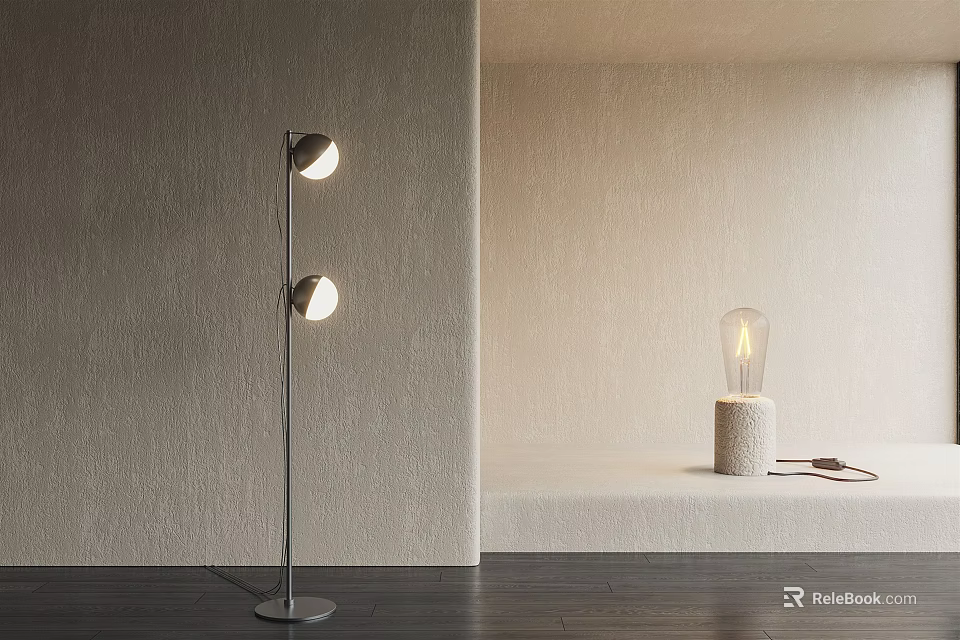 Modern Double Head Floor Lamp With Sleek Metal Pole In Beige Textured Wall Interior 3d model 
