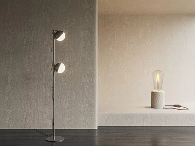 Modern Double Head Floor Lamp With Sleek Metal Pole In Beige Textured Wall Interior 3d model