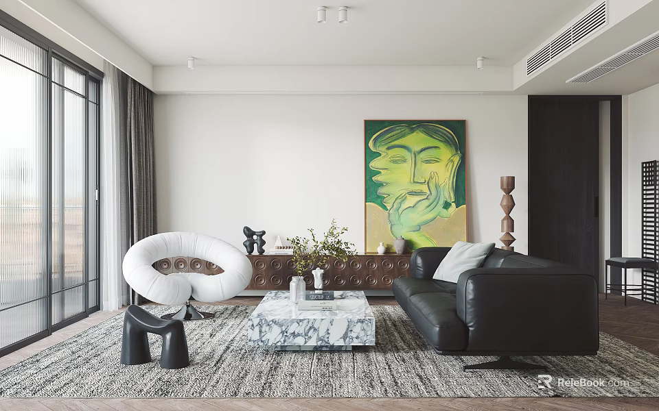 Modern Living Room Interior With Black Leather Sofa Green Abstract Painting And Marble Coffee Table 3d model 