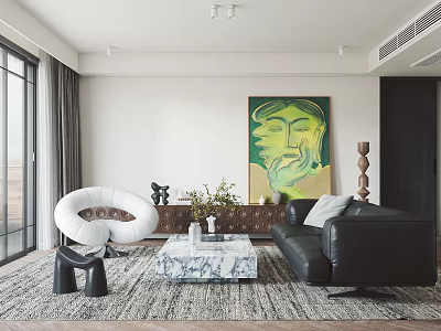 Modern Living Room Interior With Black Leather Sofa Green Abstract Painting And Marble Coffee Table 3d model