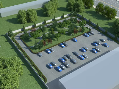Organized Parking Lot With Multiple Cars Surrounded by Green Trees and Lawn 3d model