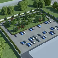 Organized Parking Lot With Multiple Cars Surrounded by Green Trees and Lawn