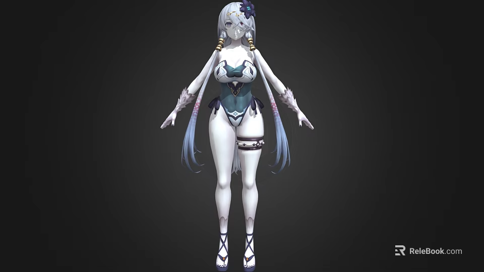 Game Movie Character With Silver White Long Hair Blue White Outfit And Elegant High Heels 3d model 
