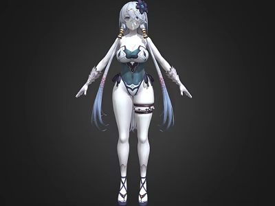 Game Movie Character With Silver White Long Hair Blue White Outfit And Elegant High Heels 3d model