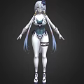 Game Movie Character With Silver White Long Hair Blue White Outfit And Elegant High Heels