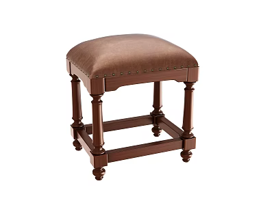 Classic Style Stool With Brown Padded Seat And Riveted Wooden Legs 3d model