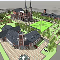 Historic Church Architecture With Red Brick Twin Towers Arched Entrance And Round Windows