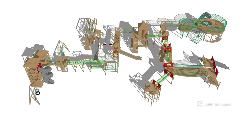 Outdoor Playground Equipment With Climbing Structures Slides Rope Nets And Wooden Elements 3d model