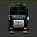 Dark Green Freight Truck With Flame Decals And Canvas Covered Cargo Bed